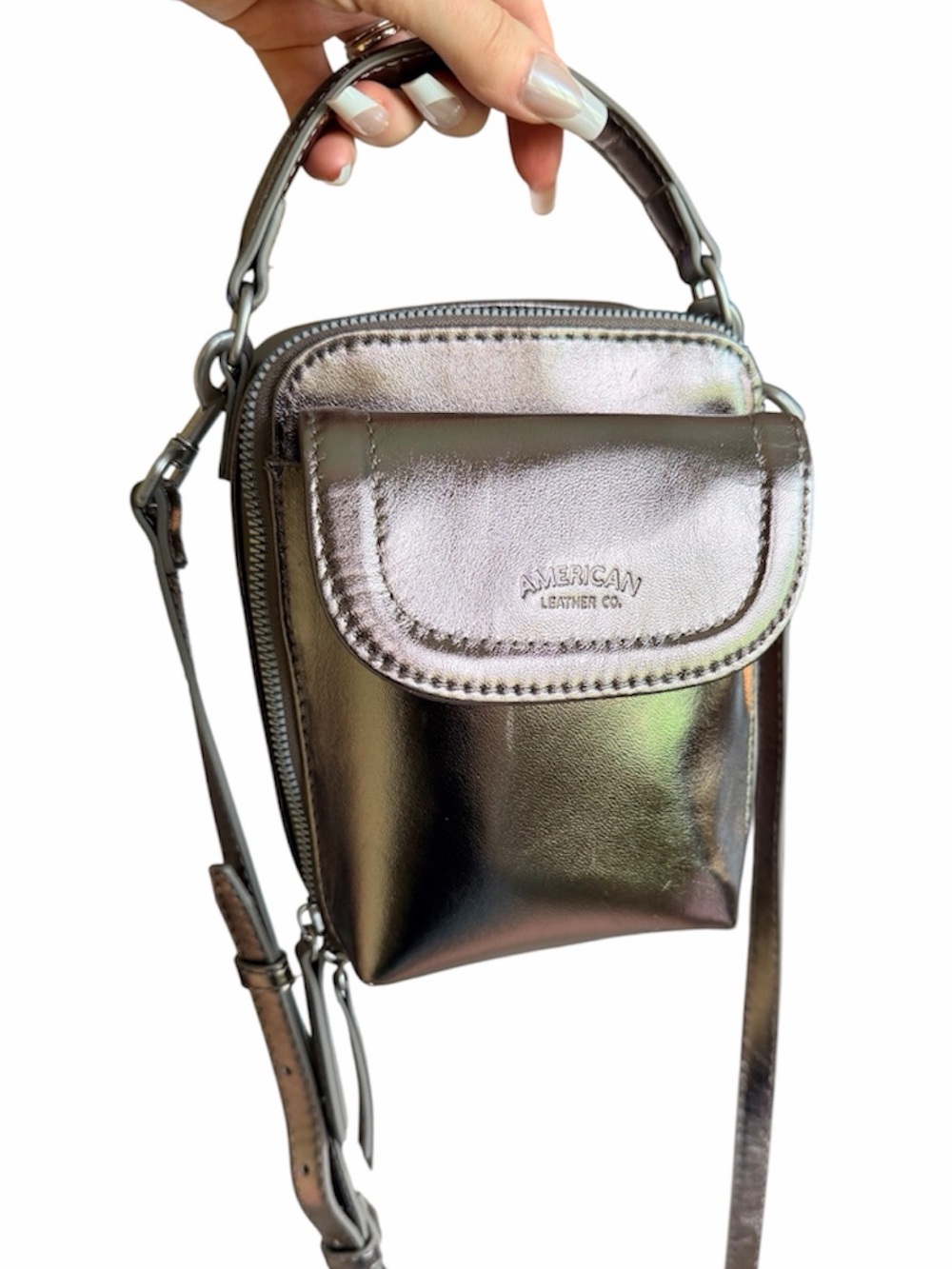 AMERICAN LEATHER Pewter Taupe Tribeca Cross Body Bag with Top Handle - Picture 3 of 9